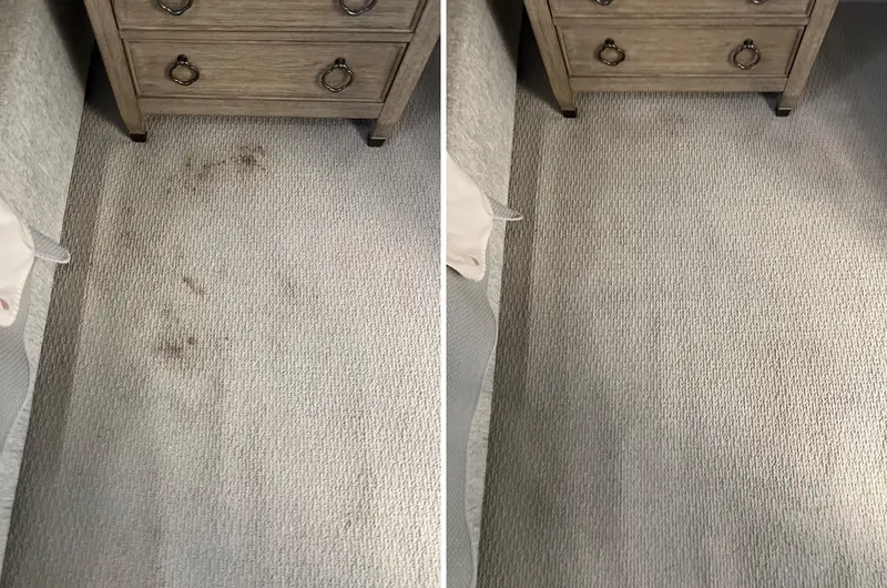 Light gray carpet beside a nightstand with brown spots and dark patches, then the same spot with the spots gone