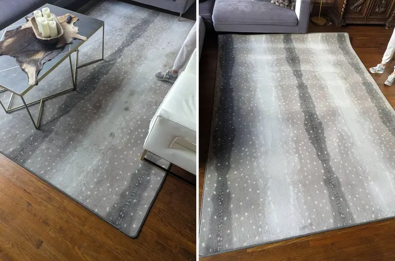 Blue runner with a dotted pattern, stained then clean