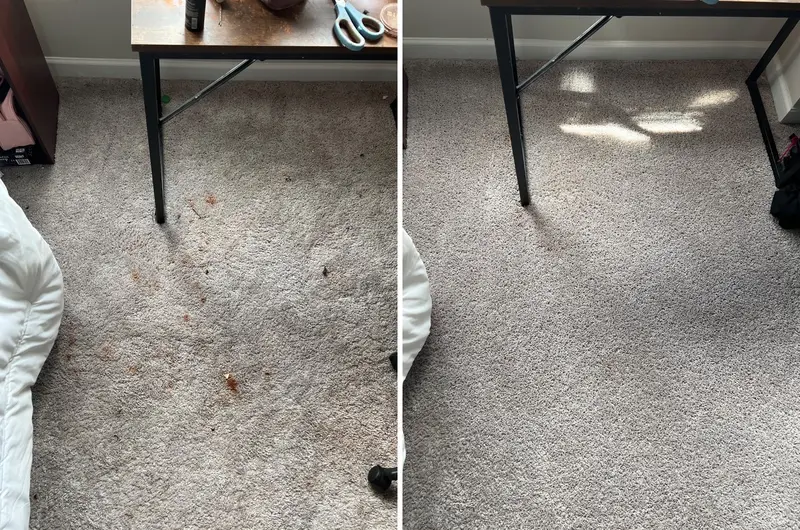 Bedroom carpet by a desk with orange-brown spots, then clean carpet with almost all the spots gone