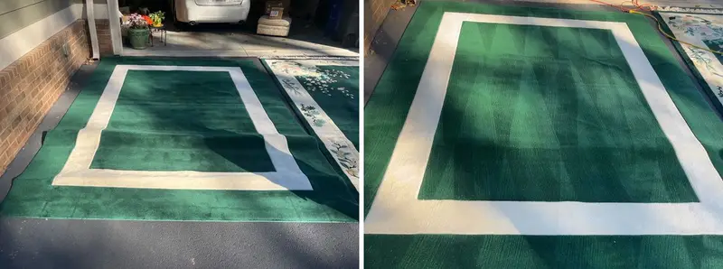 Green rug with a white border before and after cleaning