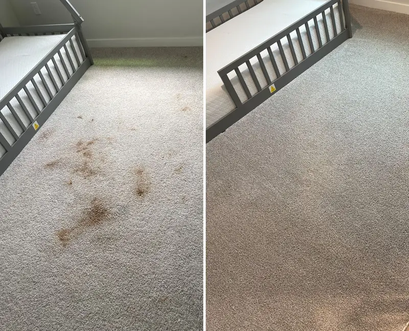 Child's bedroom carpet with scattered brown stains beside a bed, then the same carpet clean and even