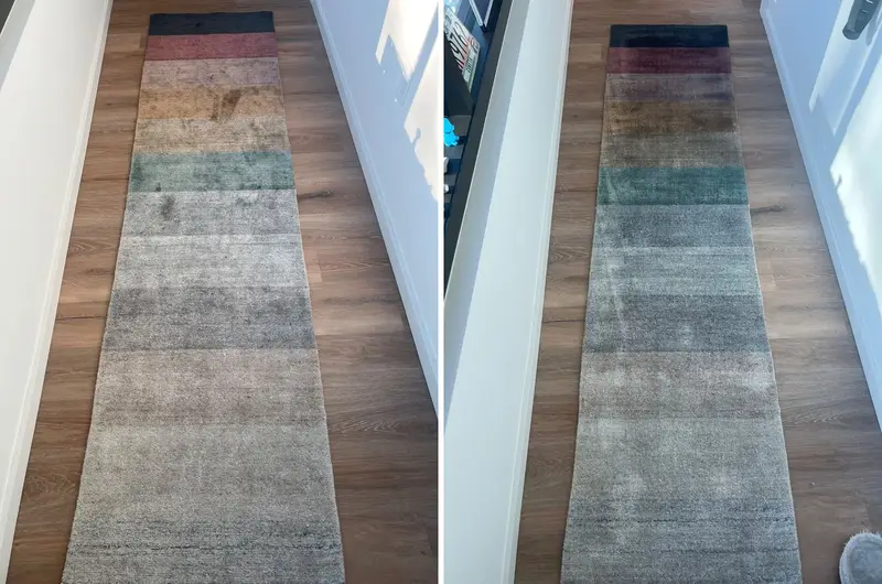 Blue and gray runner on a hardwood floor before and after cleaning