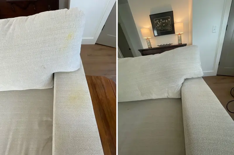 White sofa arm and back cushion with yellow stains, then the same cushions clean and bright