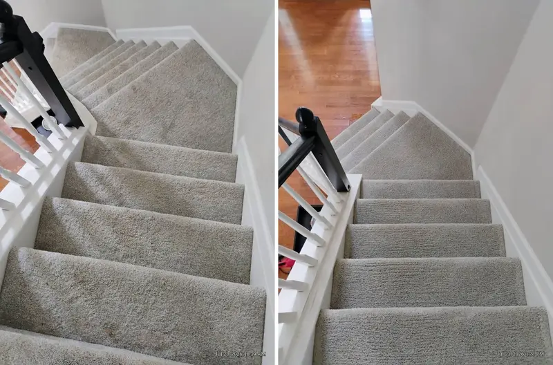 Gray carpeted staircase with dark marks on the steps, then the same stairs with lighter, even carpet