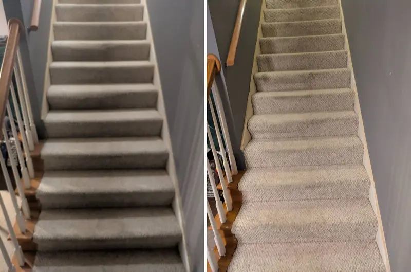 Narrow carpeted staircase with dull gray steps, then the same steps lighter and fresher