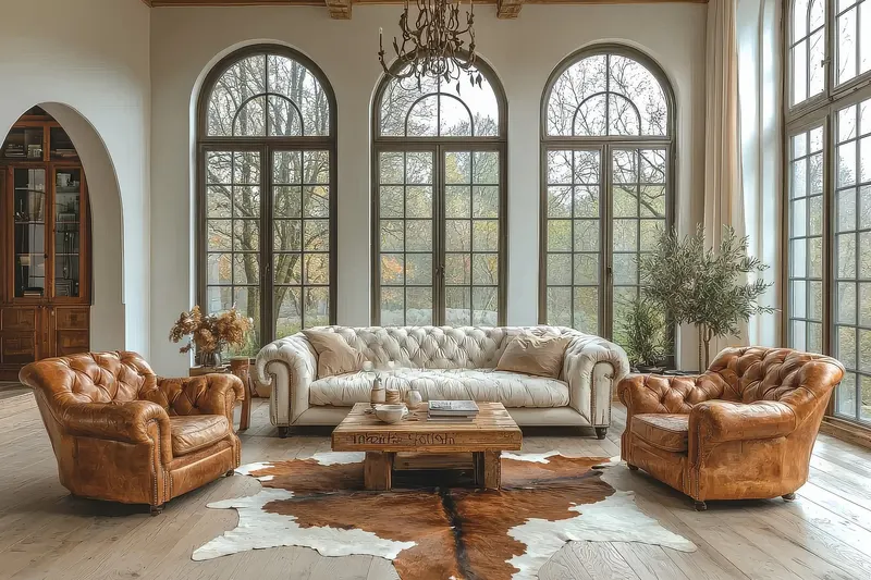 A cowhide rug between leather chairs