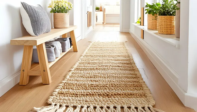A jute runner in a sunlit hallway