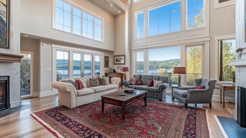 A large Persian rug in a bright living room