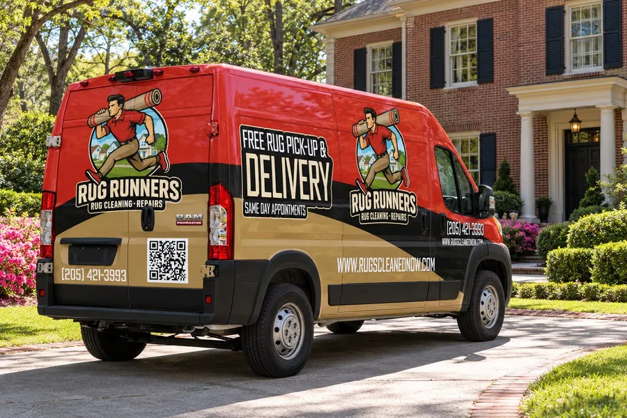 The red and gold Rug Runners van in the driveway of a brick home