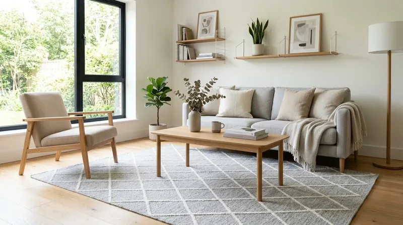 A bright living room with a patterned area rug