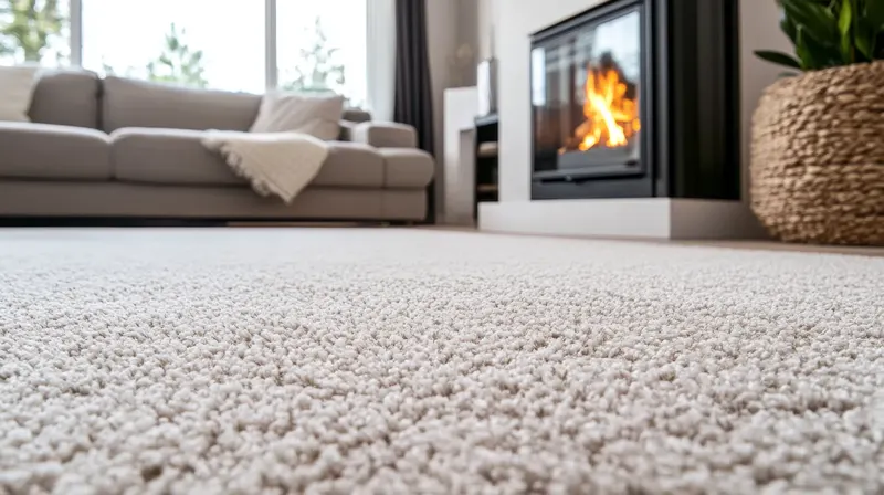 Plush carpet in front of a lit fireplace